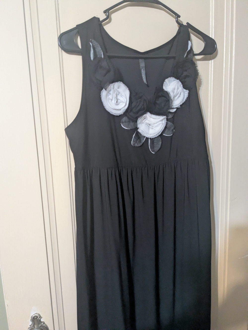 Black Sleeveless Maxi Dress with White Floral Rosette Accents